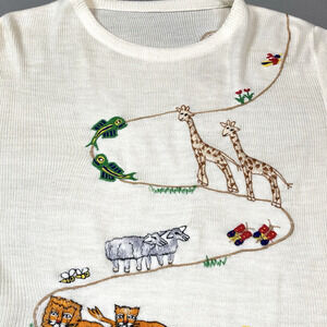 Vtg Noahs Ark Animals Embroidered Sweater Religious Bible God Jesus Tee Unique
